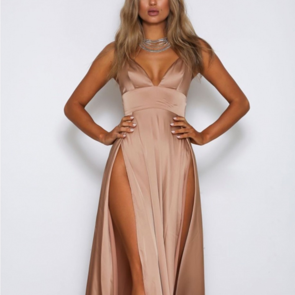 Abyss by Abby Rose Gold Satin Nikki Dress Gown Front Split